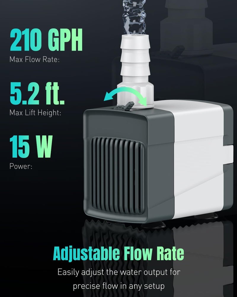Pawfly 210 GPH Fountain Pump, 15 W Submersible Water Pump with 5.2 ft. High Lift and 4 Nozzles, Quiet Water Fountain Pump for Aquarium Fish Tank Waterfall Pond & Hydroponics - Image 2